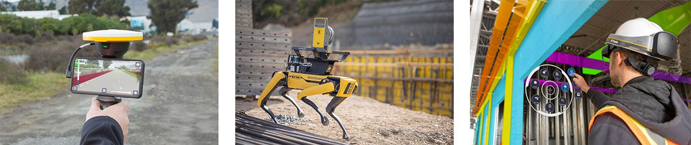 AR、MR、ロボットなどの最先端製品をご体感いただけます。（左：Trimble SiteVision、中：Boston Dynamics Spot + Trimble X7、右：Trimble XR10）