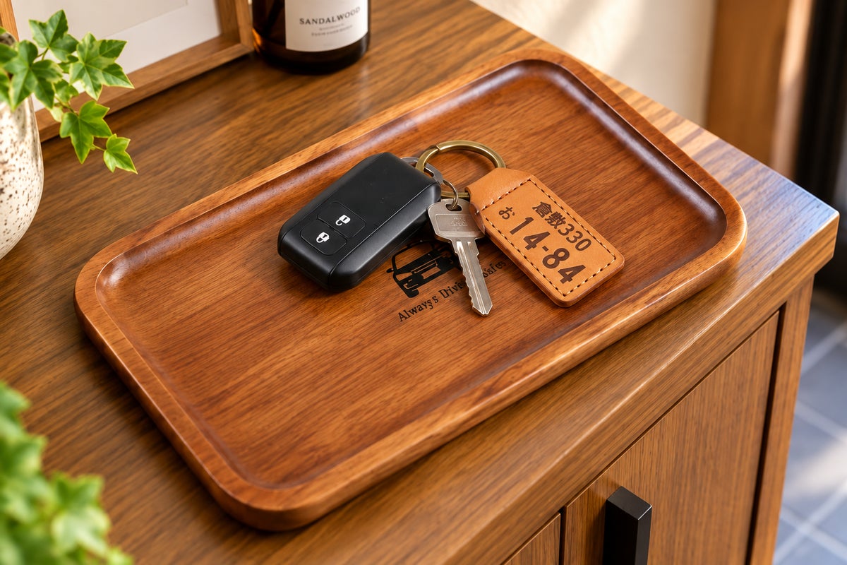 愛車のナンバーを刻む本革キーホルダーに木製トレーをセット 名入れギフト「Okulu」から車好きへの贈り物
