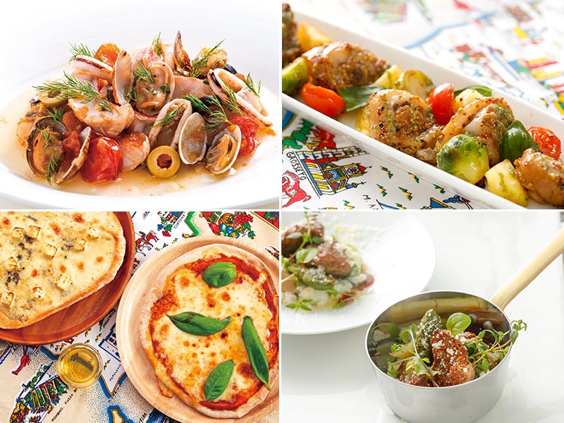 左上：アクアパッツァ、右上：豚テールのオーブン焼き ハニーマスタードとバジル風味、左下：ピザ、右下：鶏レバーとアスパラ・ポルチーニ茸のソテー 菜の花のリゾット添え