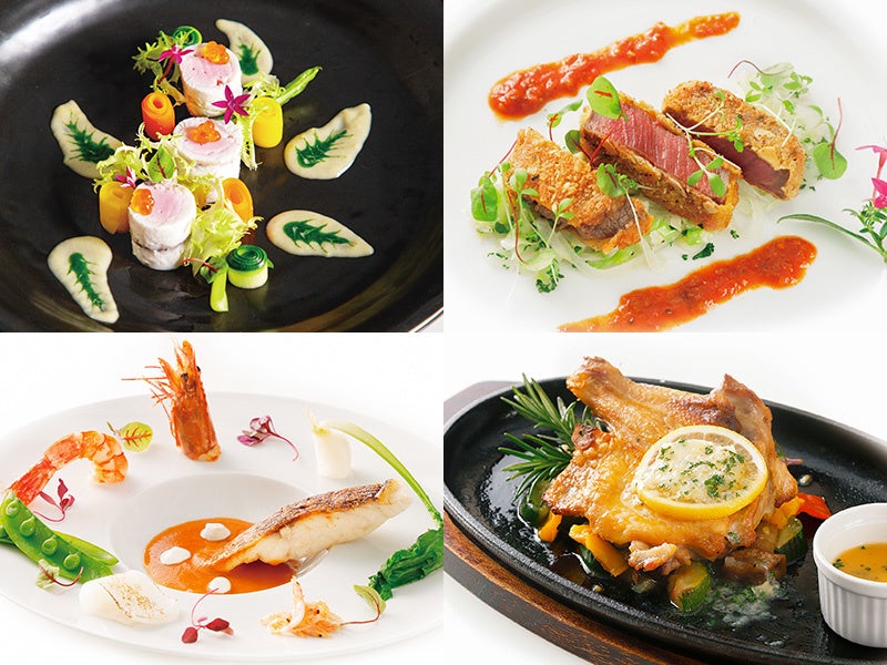 左上：白身魚のムースリーヌ ビーツ風味 キャベツのブルーテ、右上：牛フィレ肉のグルメ風カツレツ 南仏風、左下：魚介類のポワレ 軽いスープ仕立て サフラン風味、右下：骨付き鶏もも肉のロースト 香草風味 レモンバター添え