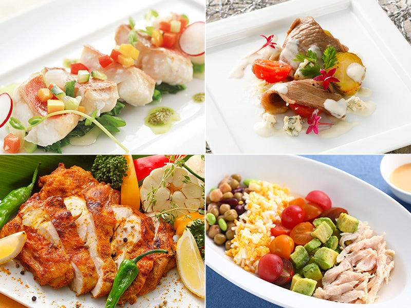 左上：白身魚のソテー ピストーソース、右上：ラム肉の低温ローストブルーチーズソース、左下：タンドリーチキン、右下：コブサラダ