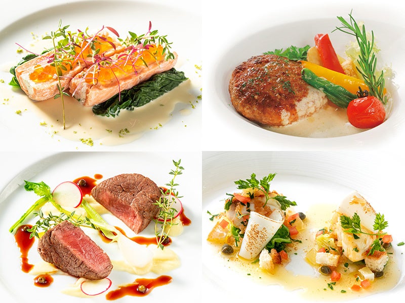 左上：サーモンと海老のポーピエット　シークヮーサー風味のクリームソース、右上：ハンバーグステーキ　オリエンタル風スープ仕立て、左下：牛フィレ肉のポワレ　ポワブラードソース　ポテトとニンニクのピューレ添え、右下：白身魚のロースト　グルノーブル風