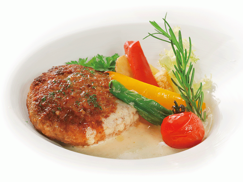 メインディッシュ⑥：ハンバーグステーキ　オリエンタル風スープ仕立て