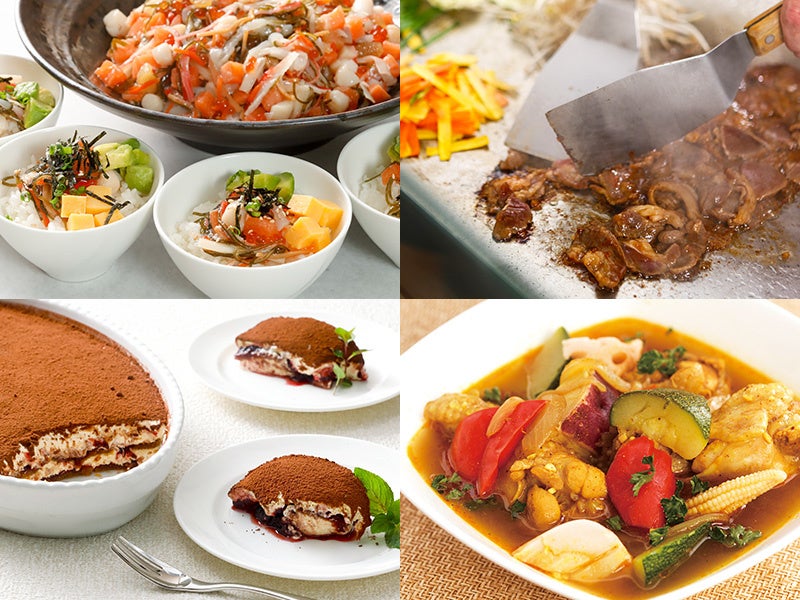 左上：海のお楽しみ丼、右上：ジンギスカン、左下：ハスカップティラミス、右下：スープカレー