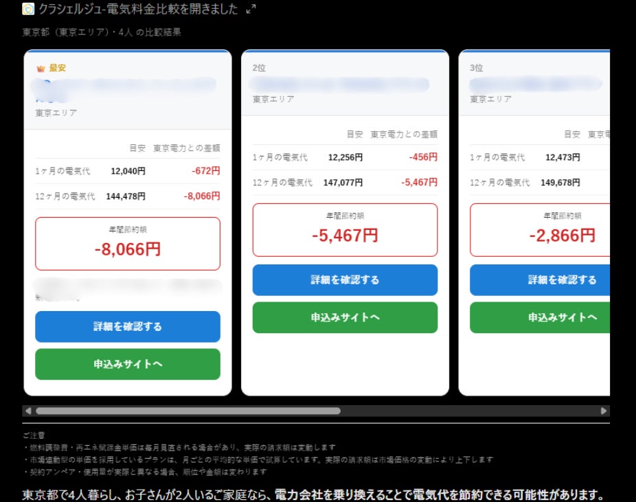 8月の電気代が2万円を超えてました。東京都で4人暮らし、子供が2人います。電気代が安いプランはありますか?の実際の比較結果です。