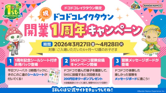 祝!開業1周年『屋内・冒険の島ドコドコ イオンレイクタウンmori』 3月27日(金)から記念キャンペーンを開催! 祝!開業1周年『屋内・冒険の島ドコドコ イオンレイクタウンmori』 3月27日(金)から記念キャンペーンを開催!