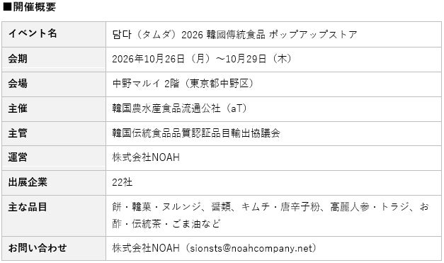 名人の韓菓から6年根紅参まで、韓国伝統食品22社が中野マルイに集結 「담다(タムダ)2026」10月26日から