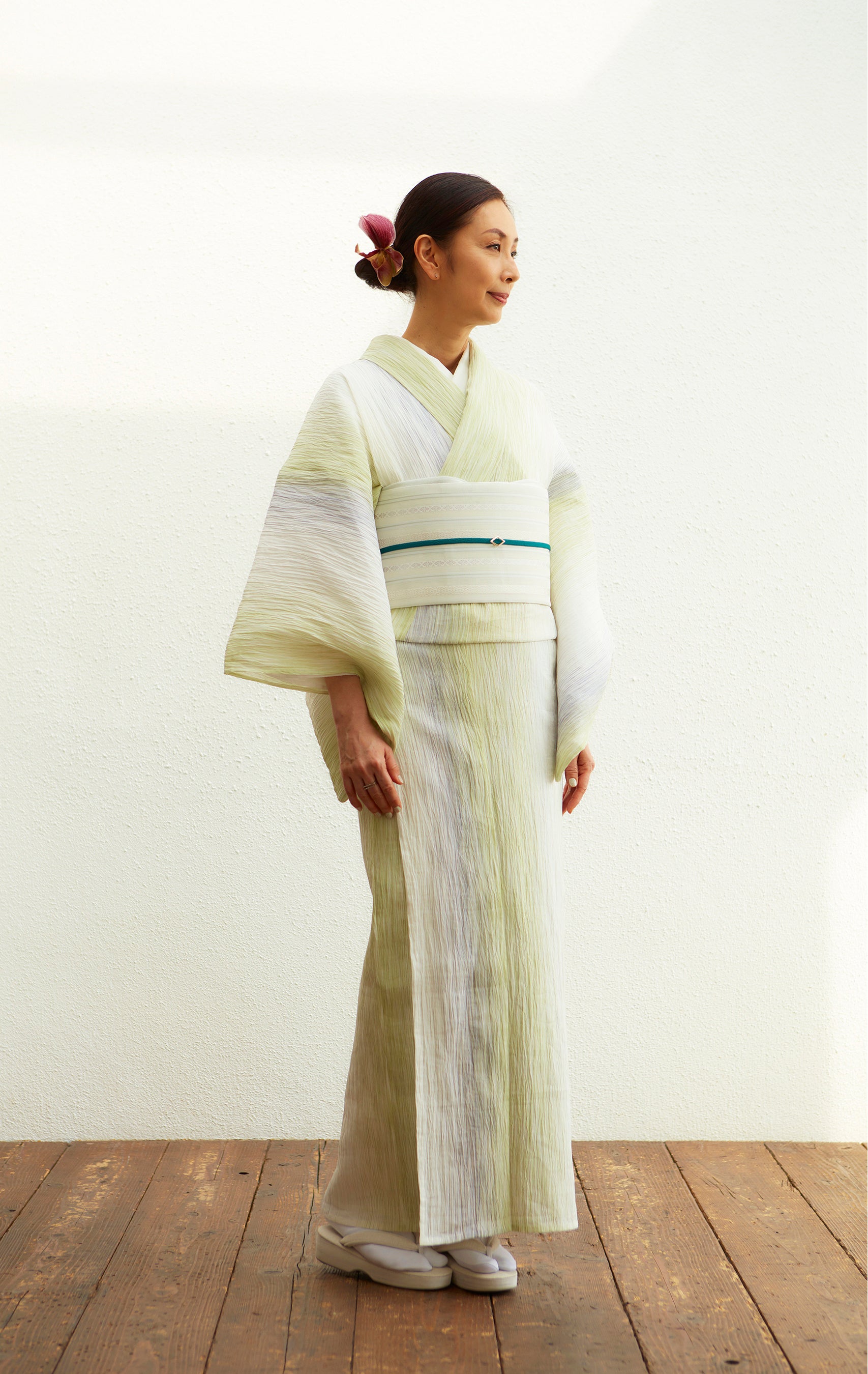 小千谷縮　乱絣　若葉　￥82,500（税込・仕立付き）