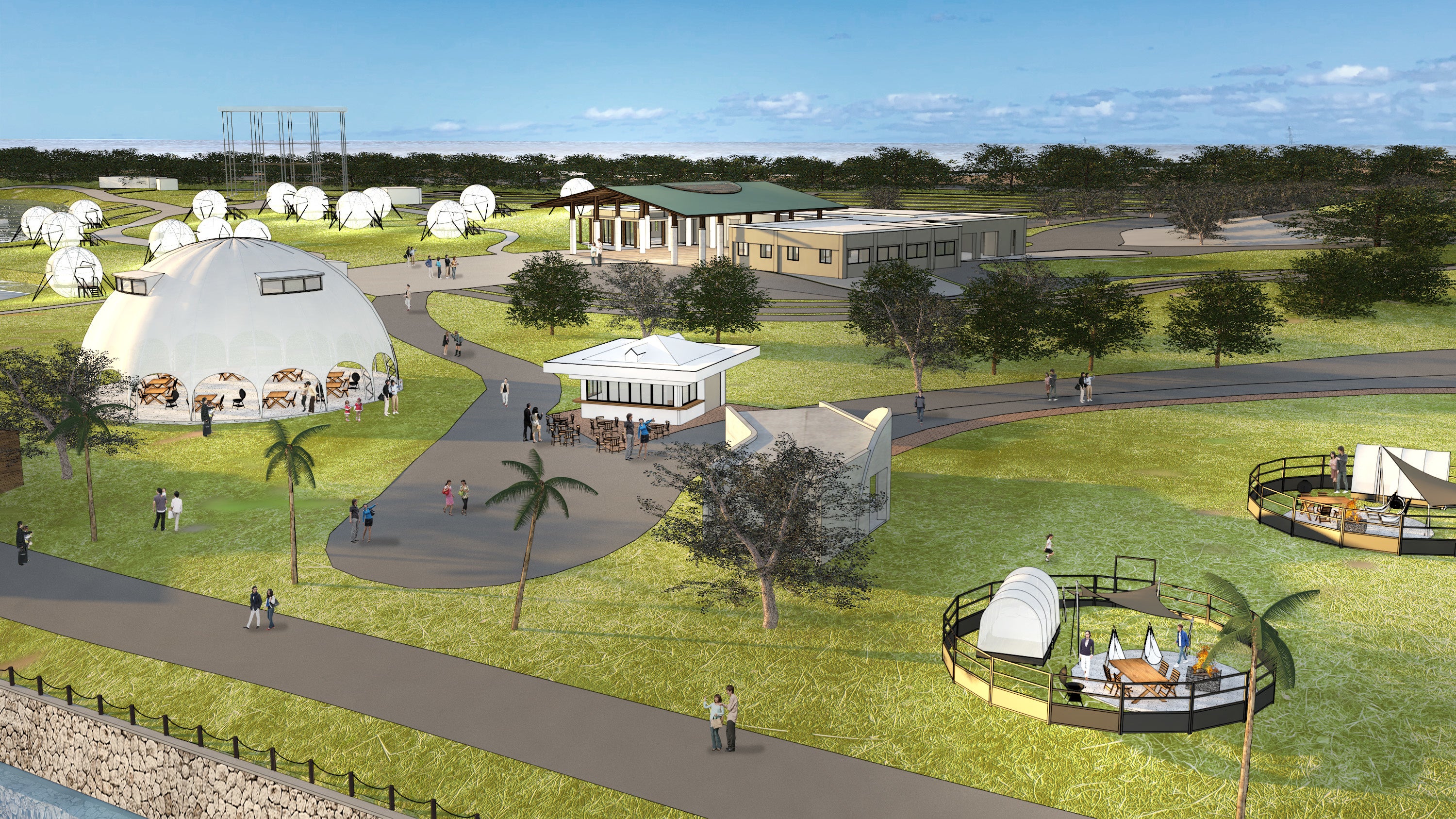 テントの外に専有できるリビングのようなスペースを創出。家族・グループなど多人数向けグランピング施設（右下）