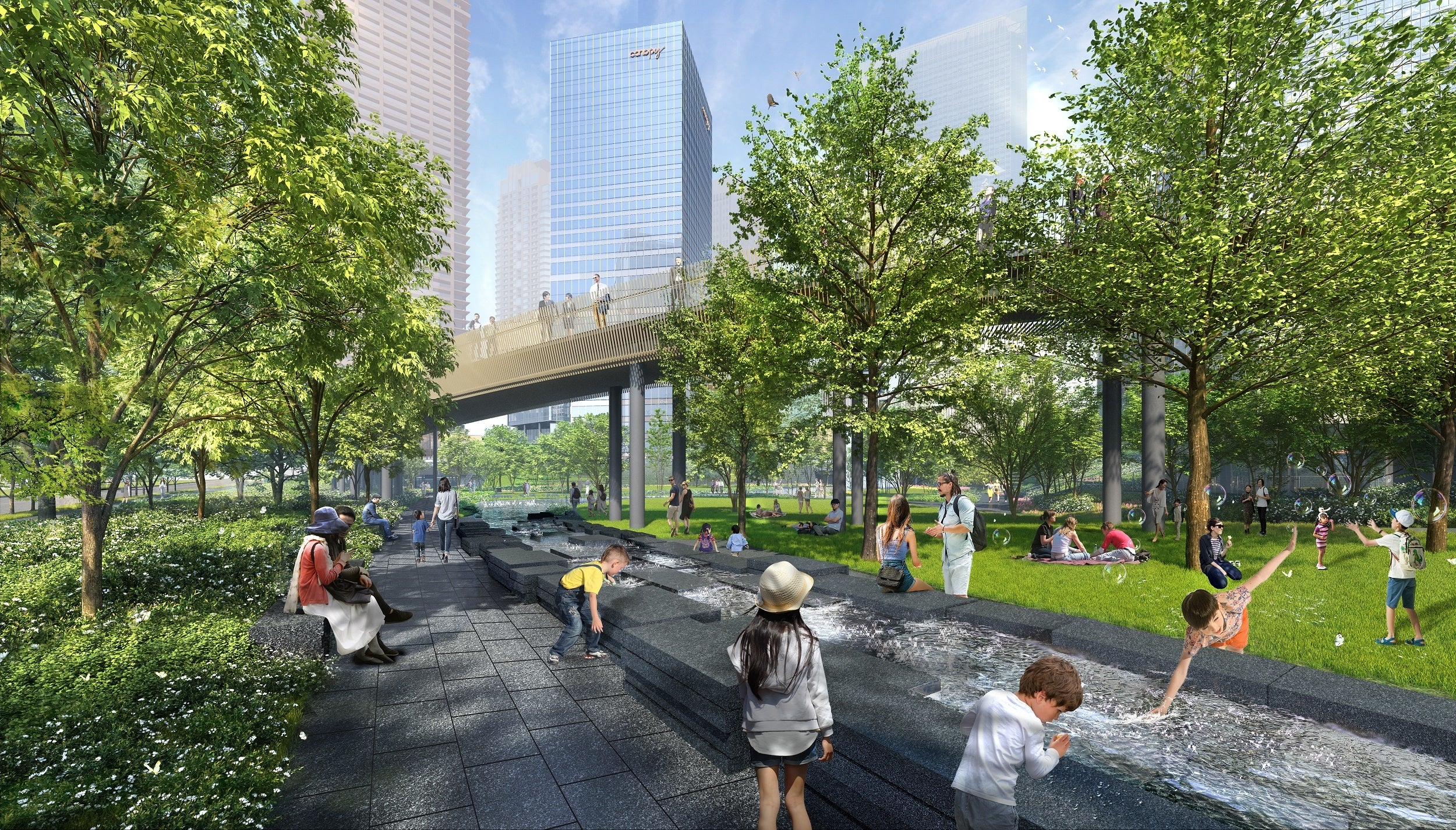 北公園南西入口部に位置する、さまざまな水の表情が楽しめる水景施設