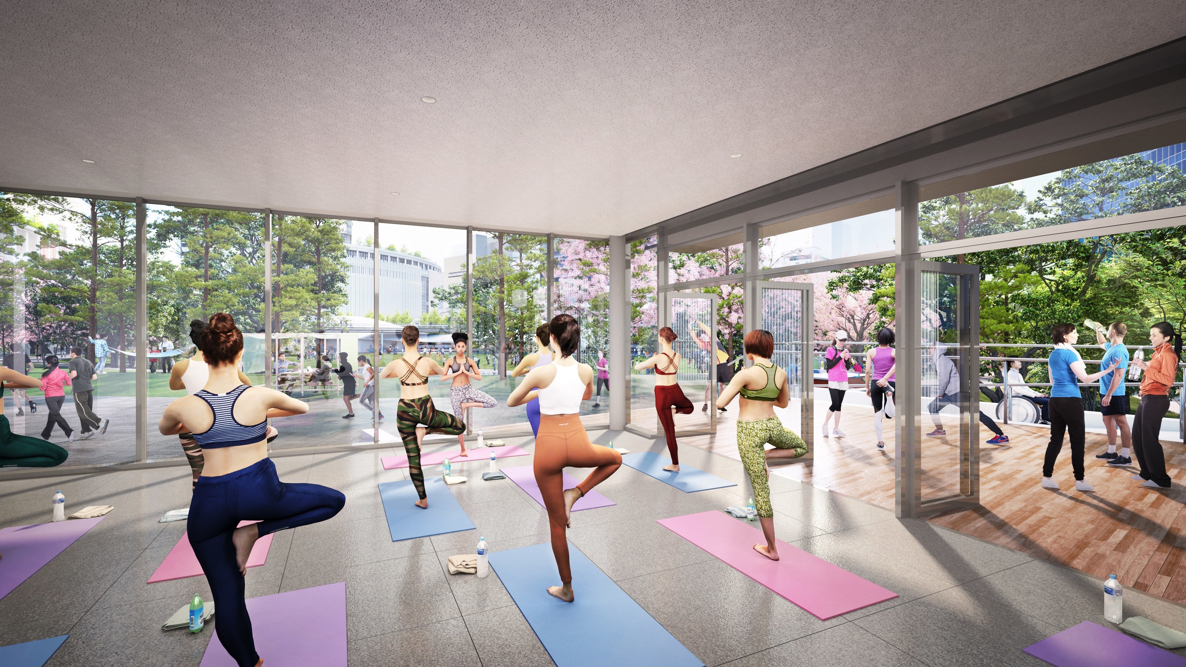 運動や健康に関する展示やイベント・プログラム等が体験できる、屋外テラスと一体となった施設