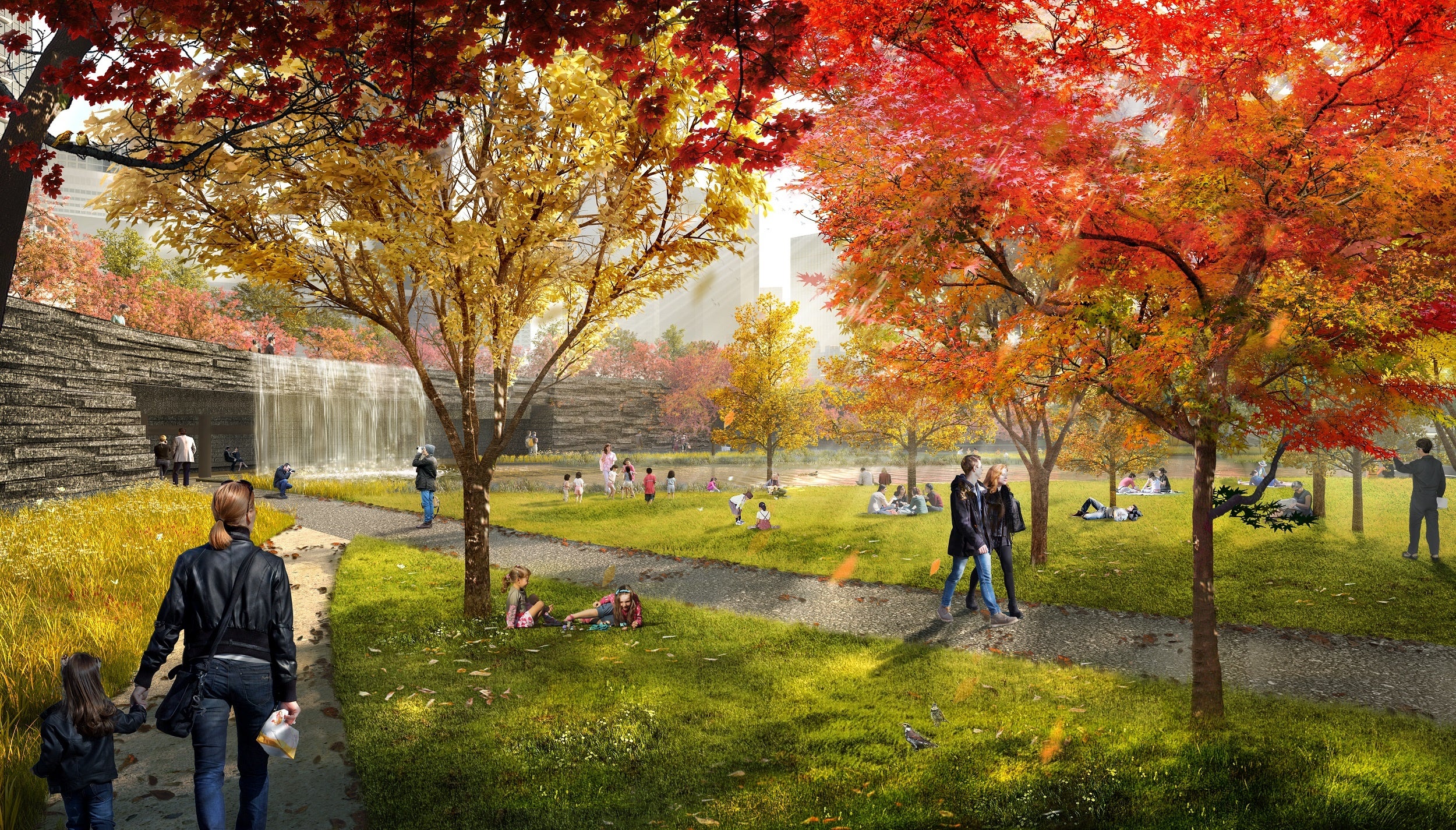 繊細な日本の職人文化を表現した石壁と滝。秋には紅葉が楽しめます