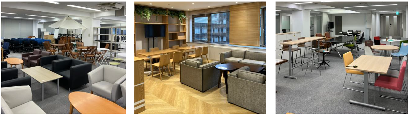 有楽町ビル 9 階に設置した エコファニ「有楽町 Base 」 （左・中央 と コーユーレンティア 「リスタサステナブル有楽町店」 （右 の店内