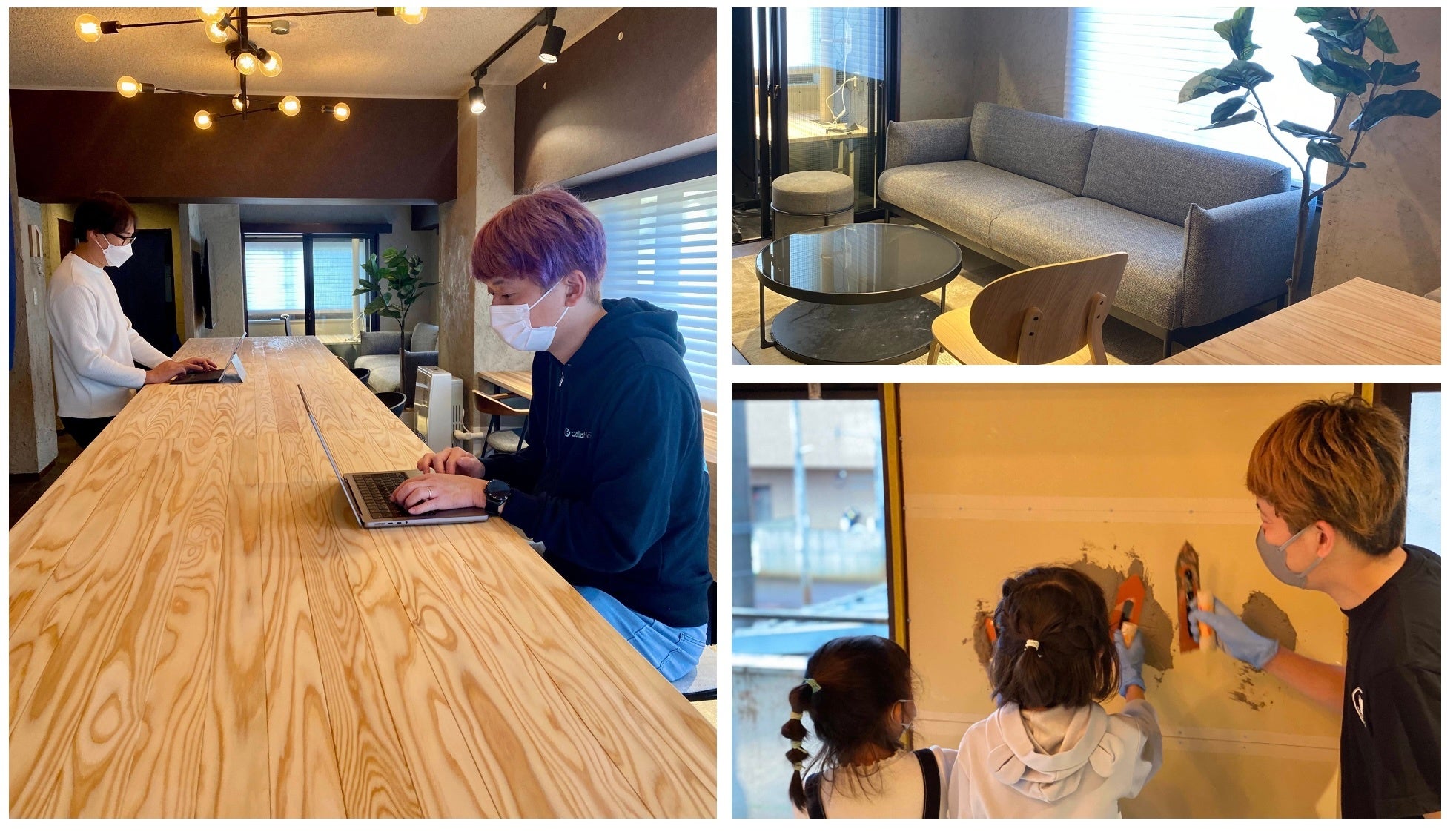 オフィスの様子1（写真左）、オフィスの様子2（写真右上）、オフィス開設準備ワークショップの様子（写真右下）