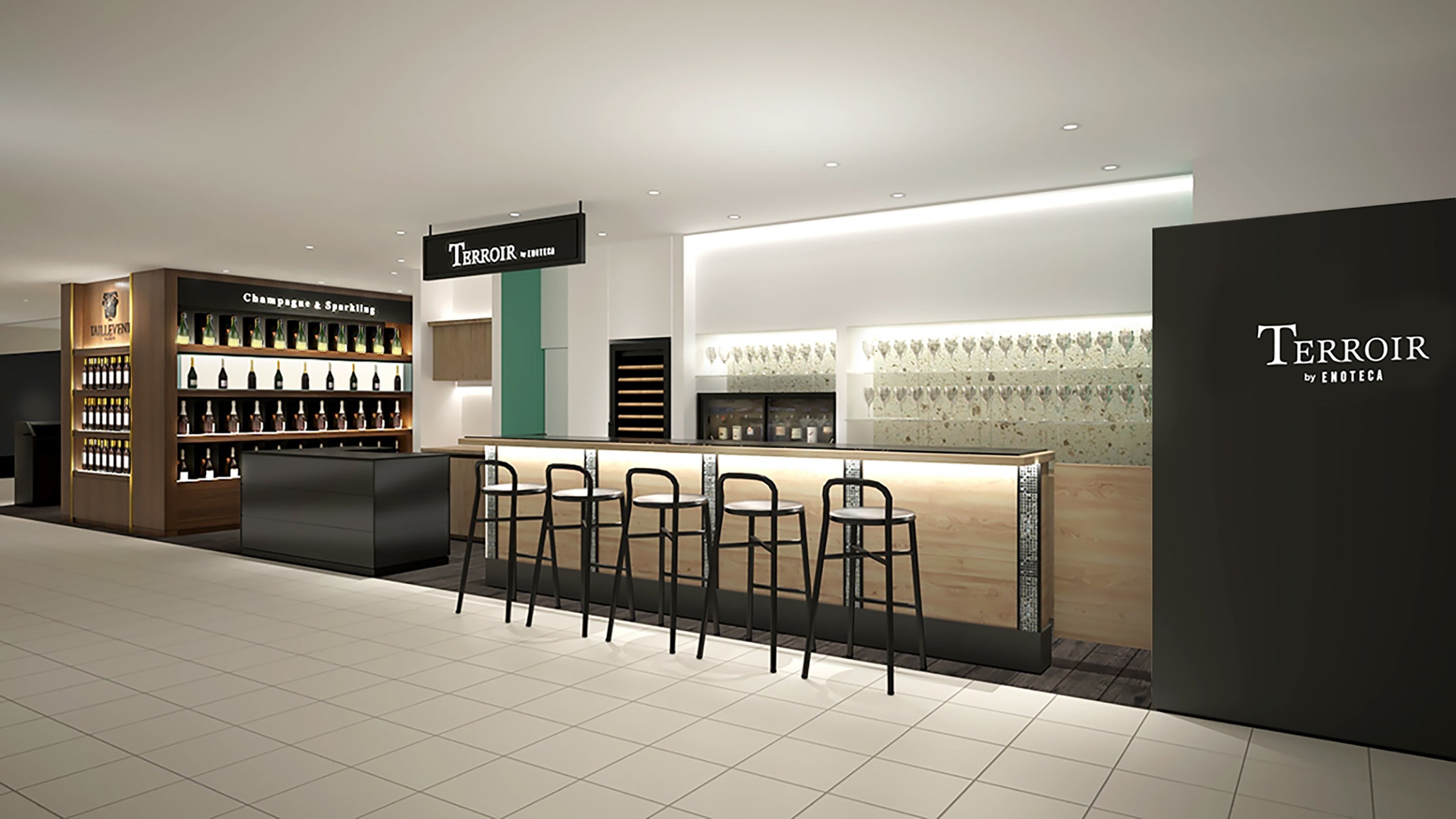 通路に面し、気軽にご活用いただける新設のカウンターバー（5席）。 ここでイベントやセミナー等を実施予定。