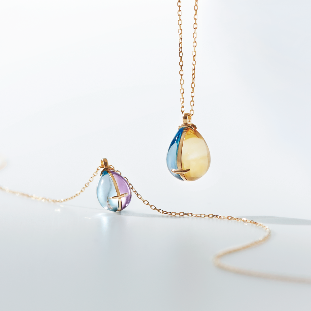 2つのカラーストーンをしずく形に合わせた「Day and Night Shizuku」