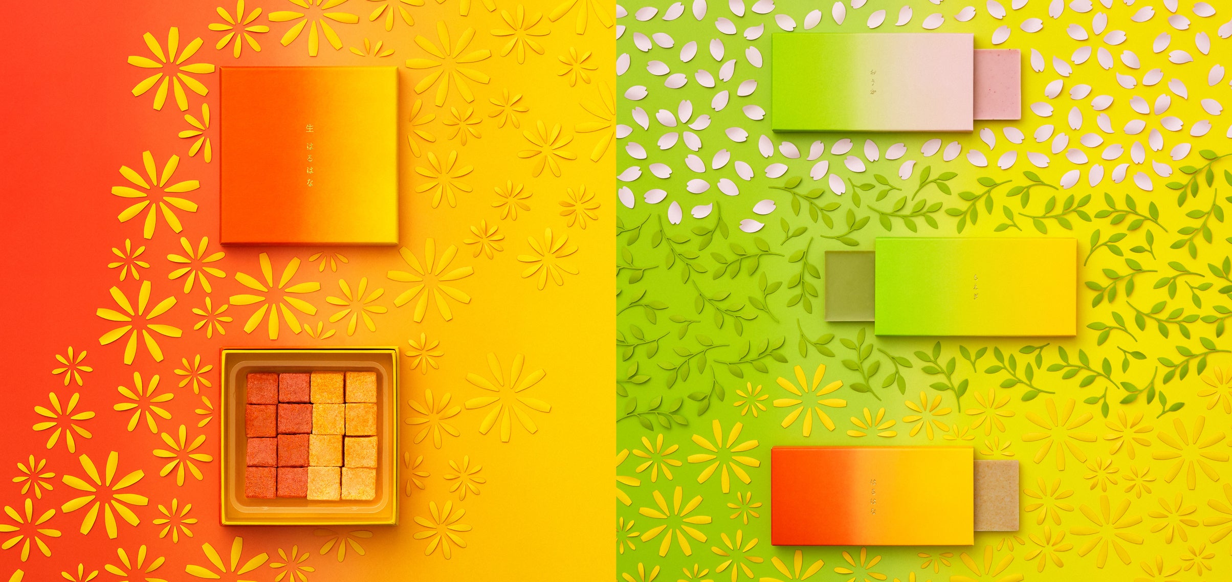 左：催事とオンラインストア限定の新商品「生 はるはな」　右：人気のイロドリチョコレート（桜花、萌黄、春花）