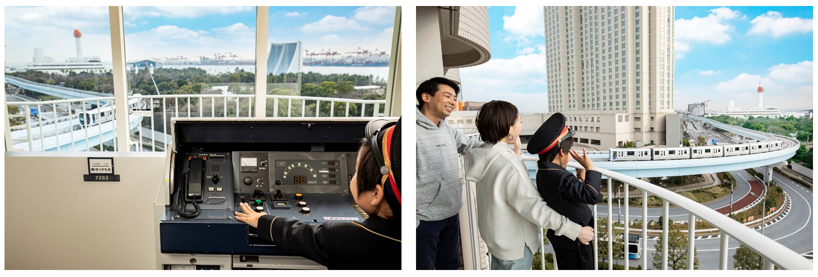 左：7200系の運転席　右：レール（走行路）がカーブした貴重なスポット