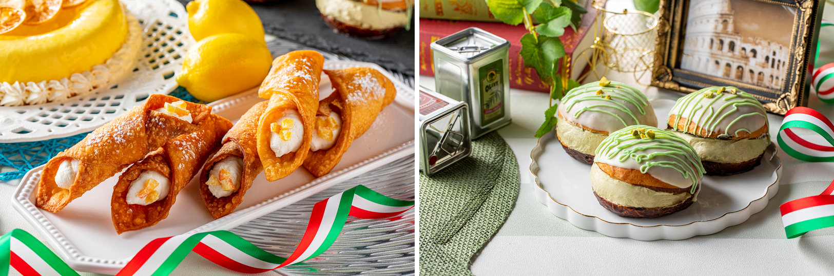 （左）カンノーロ　（右）マリトッツォ