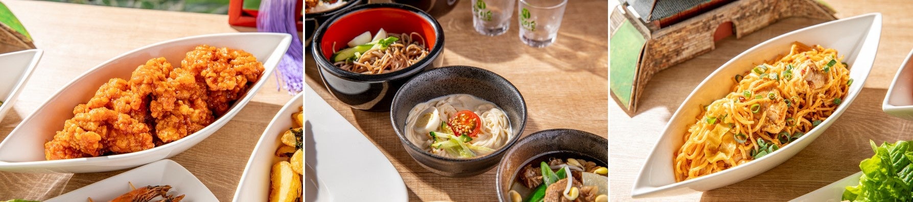 (写真左)ヤンニョムチキン (写真中央)韓国冷麺とコングクス (写真右)タッカルビ風焼きそば