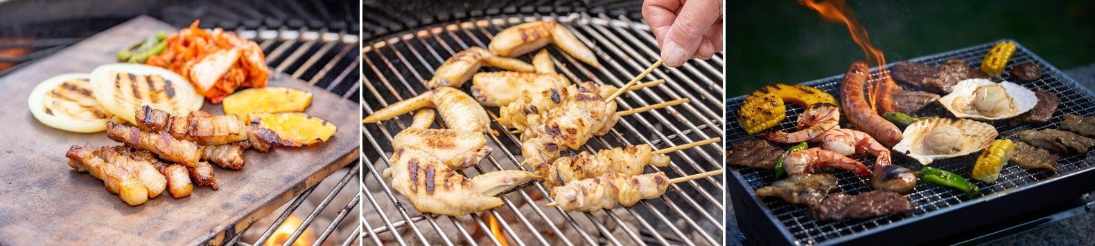 (写真左)サムギョプサル　(写真中央)焼き鳥タッコチ