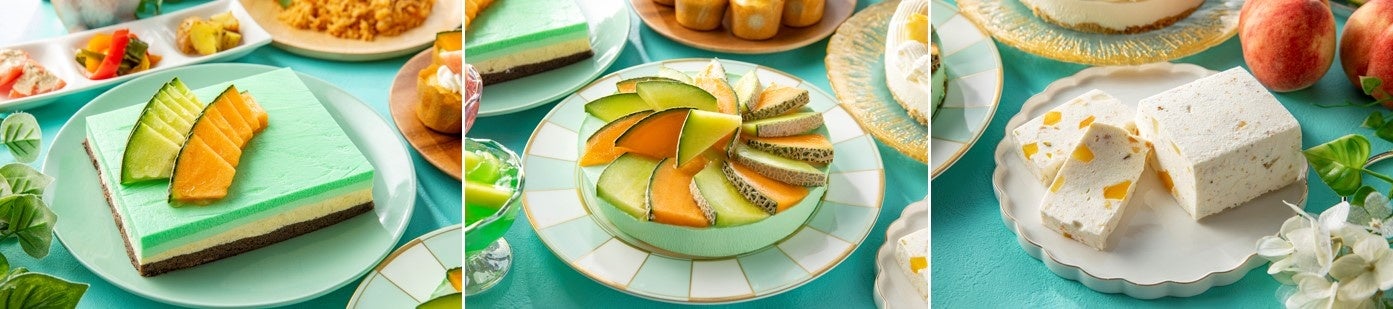 メロンとヨーグルトのラテ（写真左）メロンのレアチーズケーキ（写真中央） 桃とリモンチェッロのカッサータ（写真右）