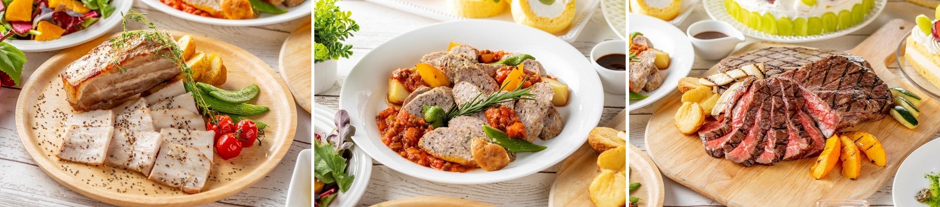 (写真左)豚バラ肉のロースト(写真中央)サルシッチャとレンズ豆のラグー (写真右) 牛肉のステーキ（ディナー限定）