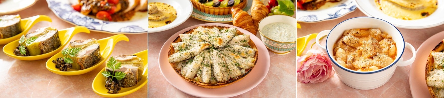 (写真左)秋刀魚と秋茄子のルーレ タプナードソース (写真中央)イワシとジャガイモのタルト (写真右)カスレ