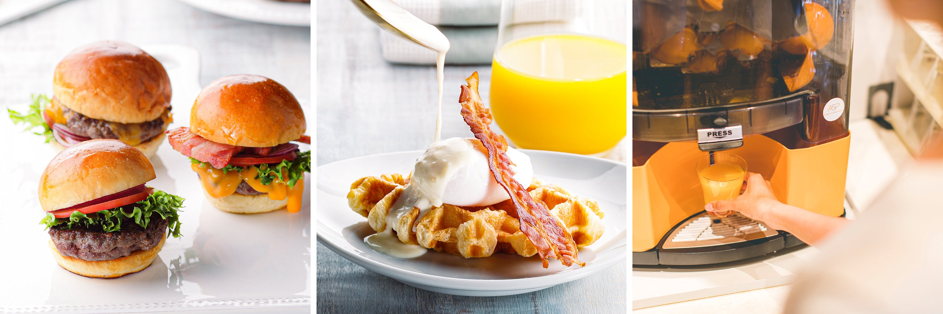 肉厚ビーフバーガー ／  クロッフル ベネディクト ／ フレッシュオレンジジュース