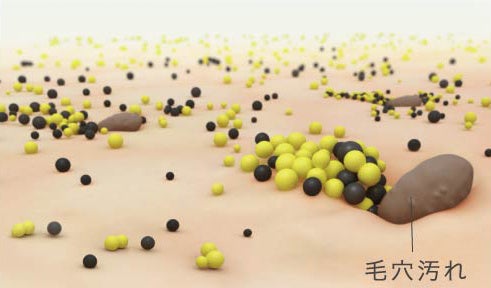 ＜洗顔中のイメージ＞2種の崩壊性スクラブが毛穴より小さく崩れる