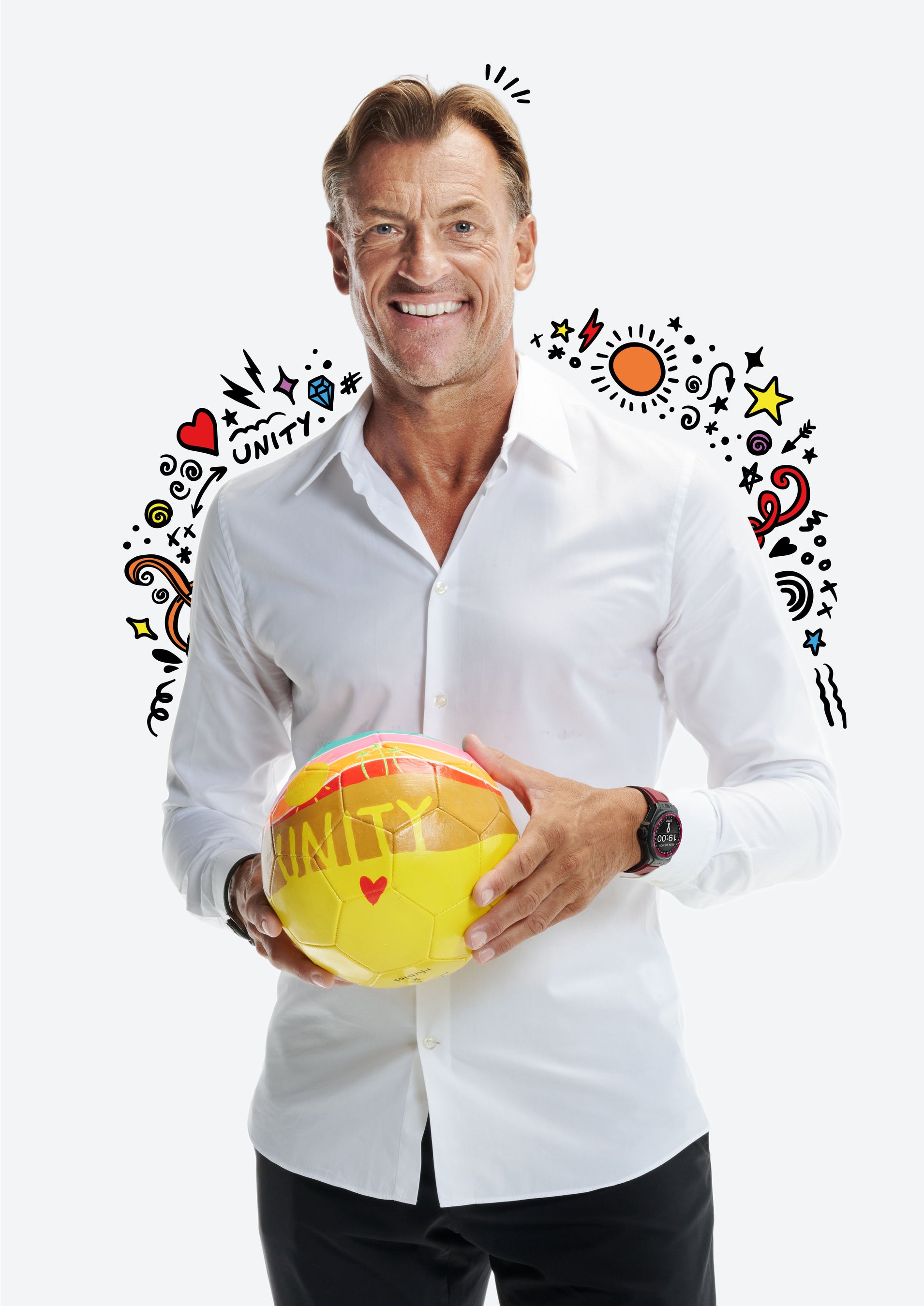 Herve Renard wearing the Big Bang e FIFA World Cup Qatar with his dream football by Mira Mikati