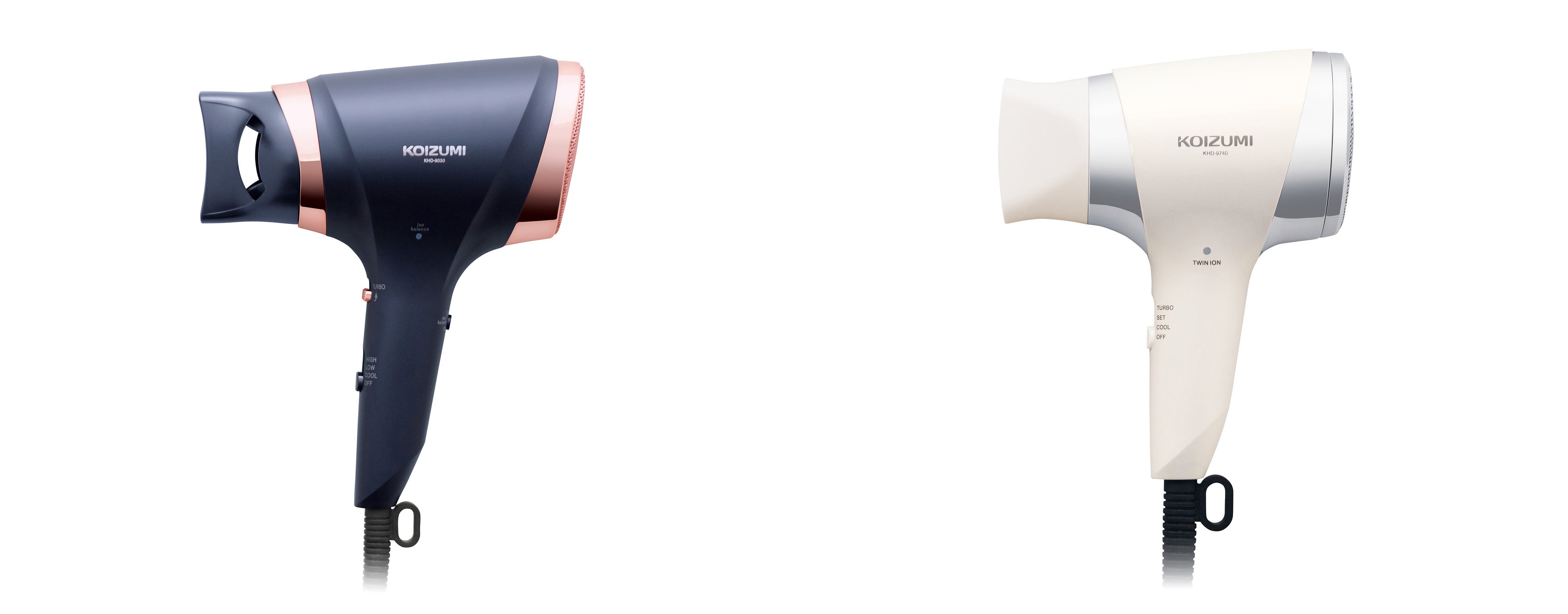 左から、イオンバランスドライヤー（KHD-9030）、マイナスイオンヘアドライヤー（KHD-9740）