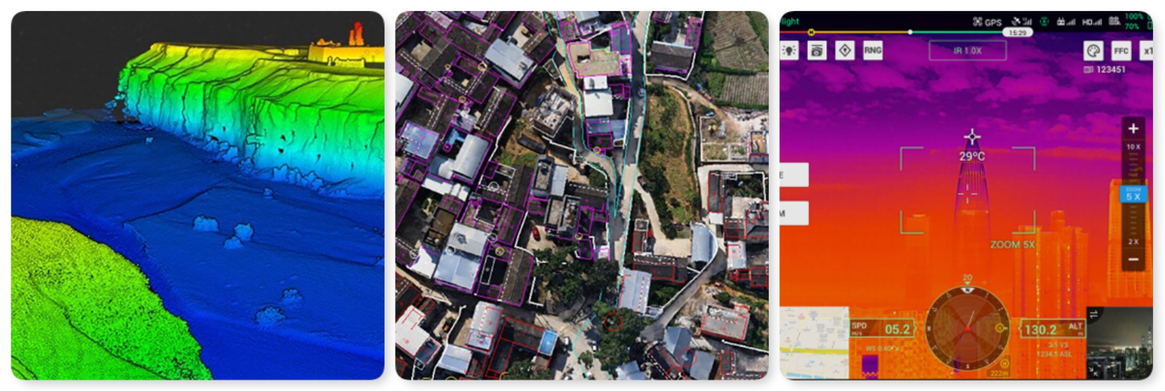 左から LiDAR撮影した点群モデル、cmレベルの精度の測量データ、正確な温度測定