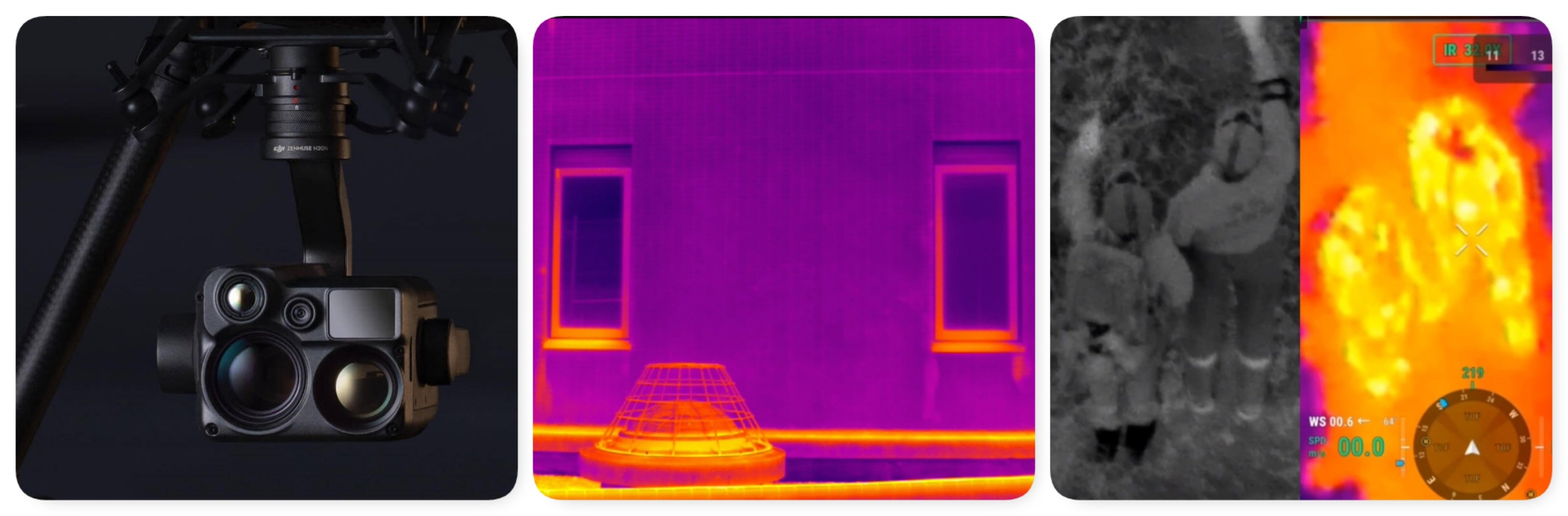 ※左から Zenmuse H20N、サーマルカメラ映像、ナイトビジョン／サーマルカメラ映像