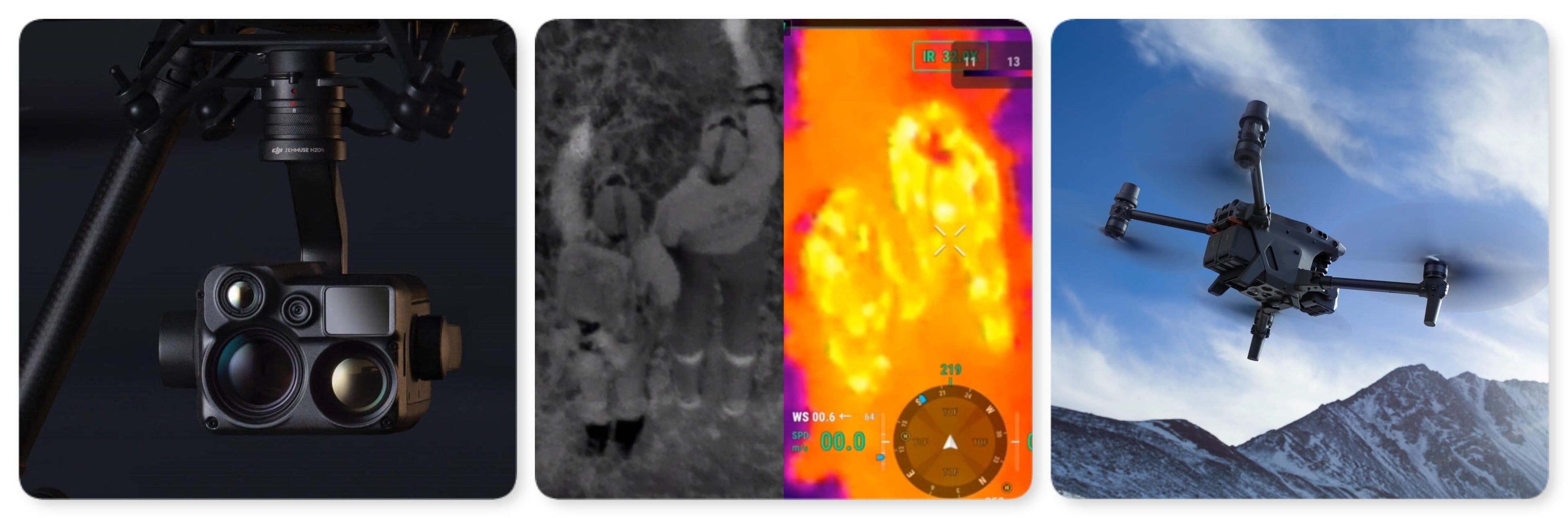 ※左から Zenmuse H20N、ナイトビジョン／サーマルカメラ映像、DJI Matrice 30
