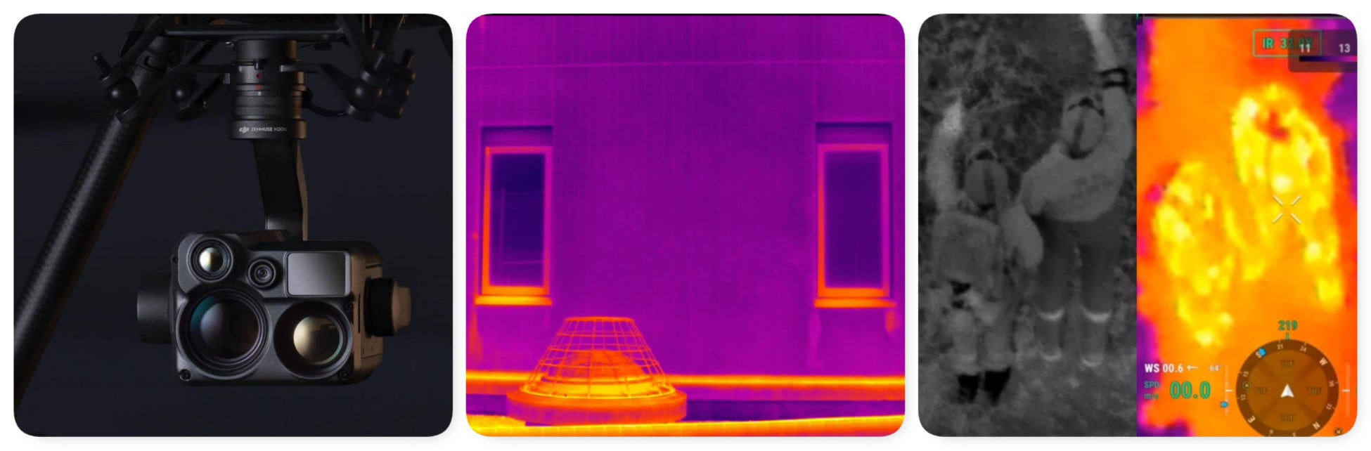 ※左から Zenmuse H20N、サーマルカメラ映像、ナイトビジョン/サーマルカメラ映像
