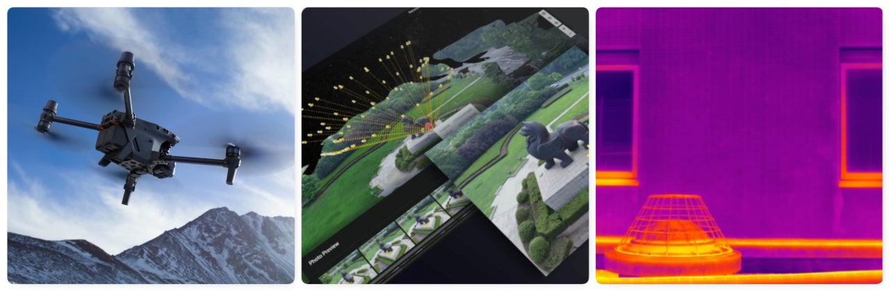 ※左から Matrice 30T、3Dモデリング、サーマルカメラ画像