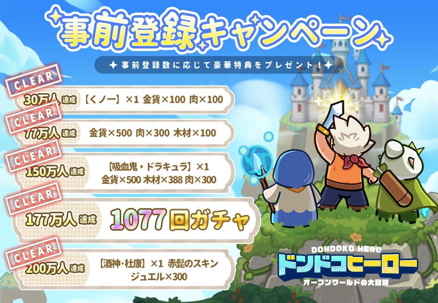 リリース時の事前登録特典一覧画像。30万人達成:忍者キャラ『くノー』、77万人達成:各種資源、150万人達成:『吸血鬼ドラキュラ』、177万人達成:1077連ガチャチケット、200万人達成:『酒神』キャラ+限定スキン等。全達成済みを示すチェックマーク付き。