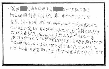 既存シェルター「アンドセンター」へ宿泊された若者の声