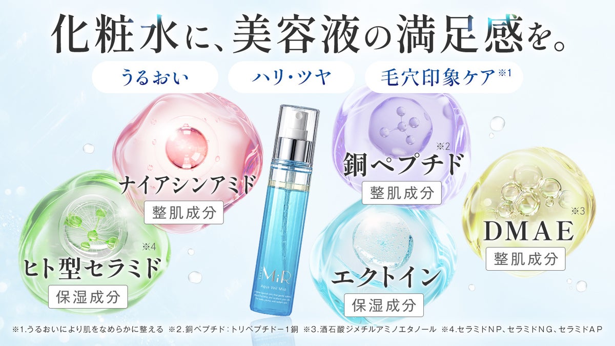朝・昼・夜に1本で。マラカイト由来のブルーをまとう3層ミスト「MiR アクアヴェールミスト」がMakuakeで先行予約スタート