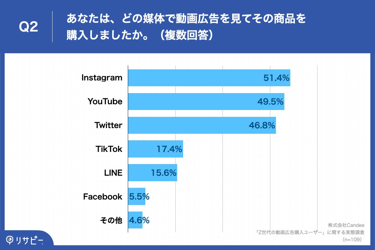 「Q2.あなたは、どの媒体で動画広告を見てその商品を購入しましたか。(複数回答)」