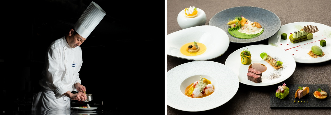 （左）総料理長  塩入一嘉（右）コースイメージ