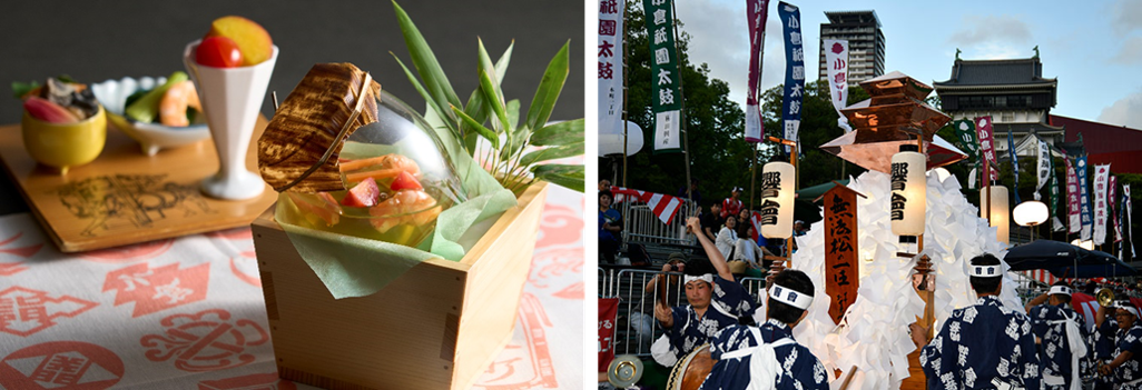 左）祇園太鼓 料理イメージ 右）小倉祇園太鼓イメージ