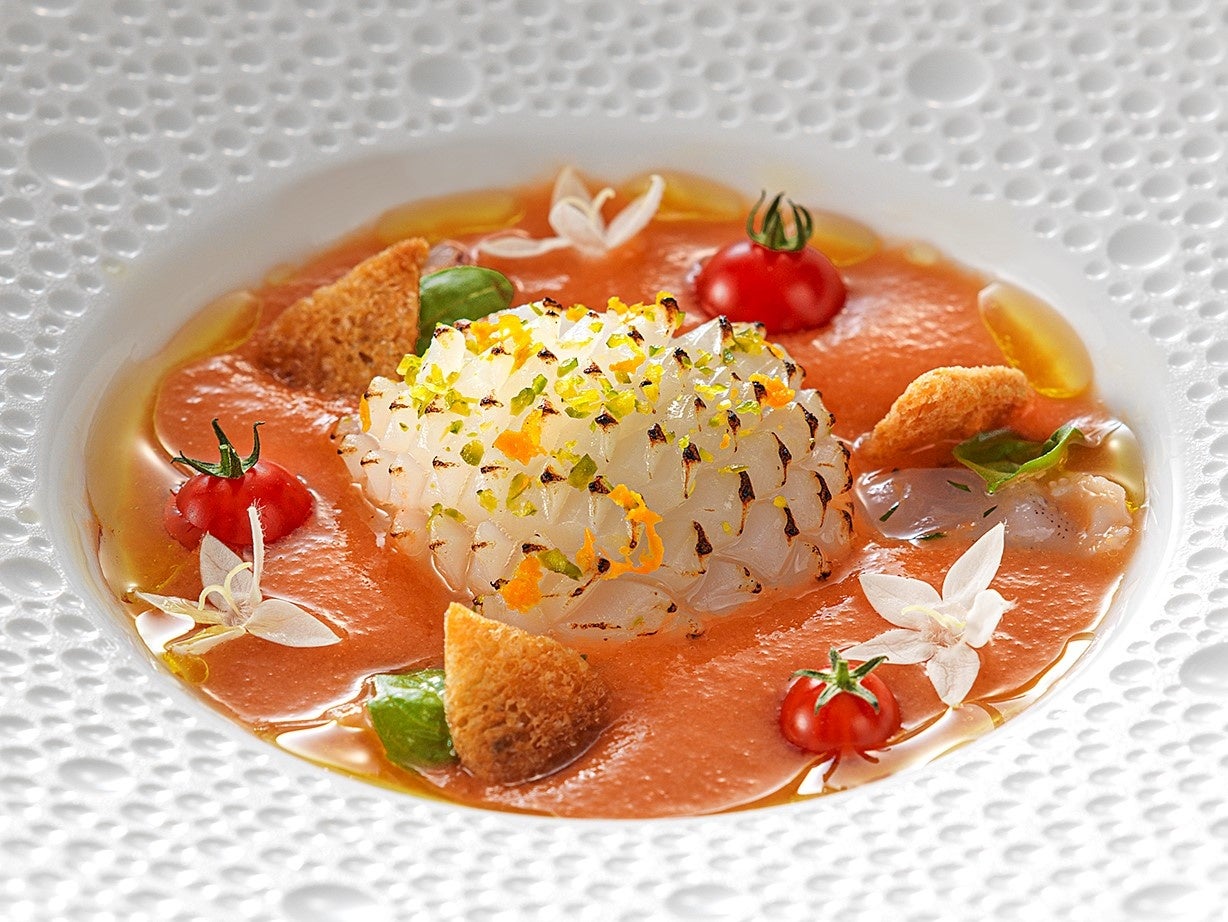 福岡県産　一本槍 剣先イカとピスタチオを 柑橘かおるガスパッチョに浮かべて