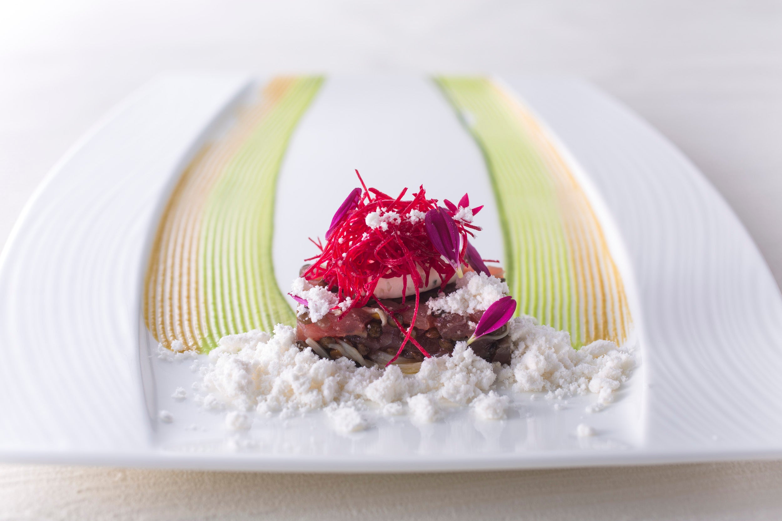 フレンチダイニング トップ オブ キョウト 「“竹林の探訪” 竹の皮でマリネした マグロのタルタル 胡麻油のパウダー」イメージ