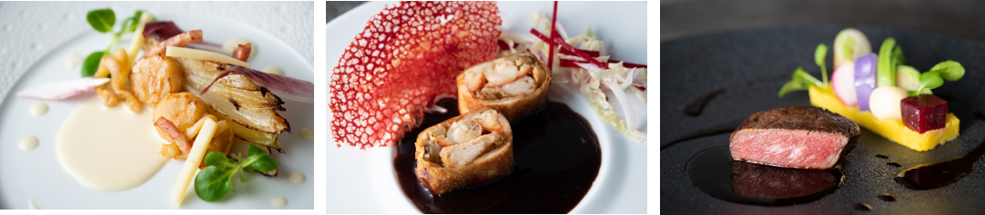左)ヒオウギ貝とアンディーブ　ソースコキヤージュ　中央)オマール海老とリドヴォのクロッカン 白菜とビーツのサラダ カシスと安心院赤ワインソース 　右)炭火の香りを付けたおおいた和牛フィレ肉のポワレ トリュフソース