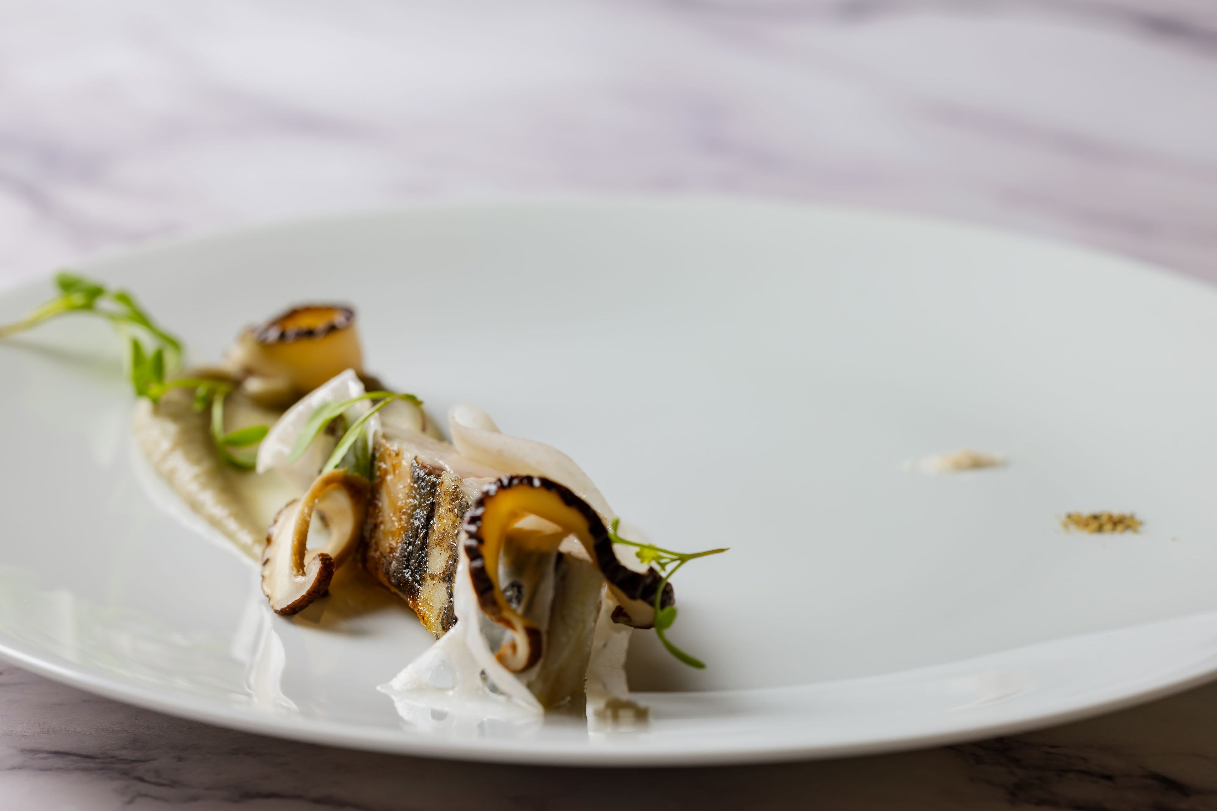 プランチャでミ・キュイに焼き上げた瀬戸内のブランドサワラ “サワライダー” 甘酸っぱいしいたけと蓮根のエマンセ 焼き茄子のヴィネグレット（イメージ）