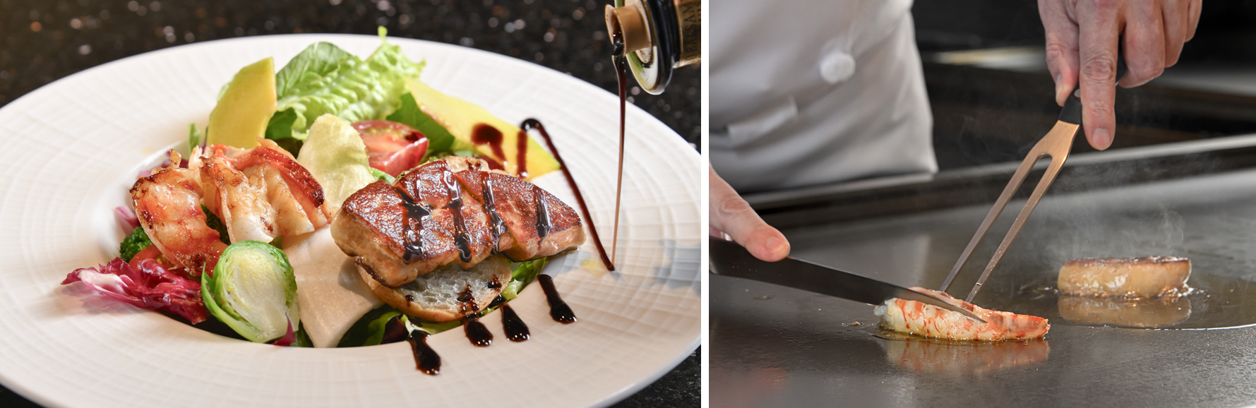 「活車海老とフォワグラの鉄板焼 バルサミコサラダとともに」（左）、なめらかな手さばきを目の前で楽しめます。（右）