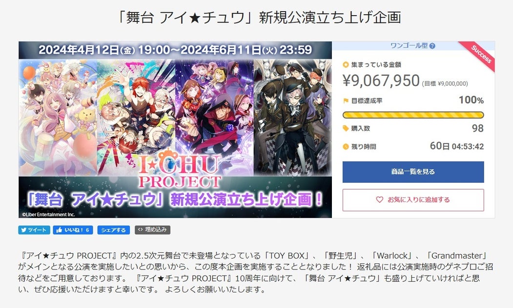900万円目標を5分で達成!「舞台 アイ★チュウ」新公演立ち上げプロジェクト成功 900万円目標を5分で達成!「舞台 アイ★チュウ」新公演立ち上げプロジェクト成功