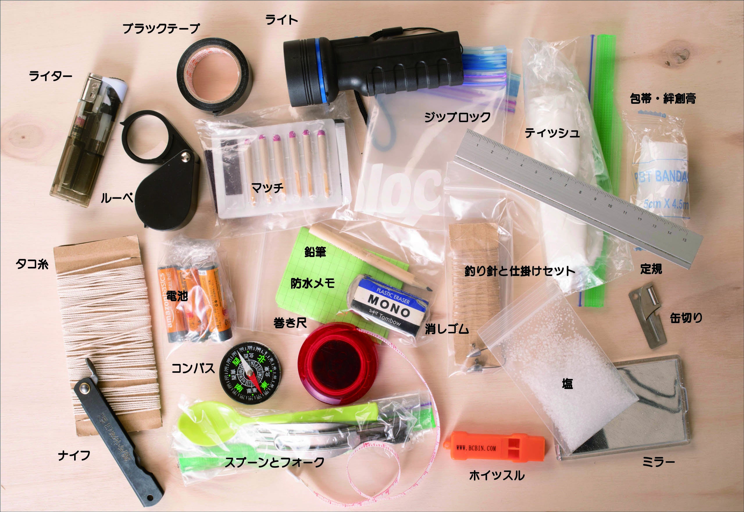 自衛隊員がレンジャー訓練で、もしものときに頼る生存自活セットを小野寺流にアレンジ。100均などでそろうものを中心に、総額は2,000円くらい。※こちらのカット、書中ではモノクロになります。
